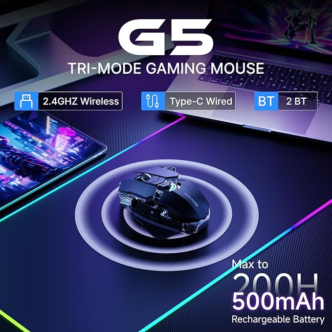 EWEADN G5 Wireless Gaming mouse, 12800 Adjustable DPI Ergonomic Mouse with 6 RGB Backlit Modes, Rapid Fire Key, 9 Programmable Macro Buttons, Rechargeable Bluetooth Mouse for PC/Mac/Laptop - Black