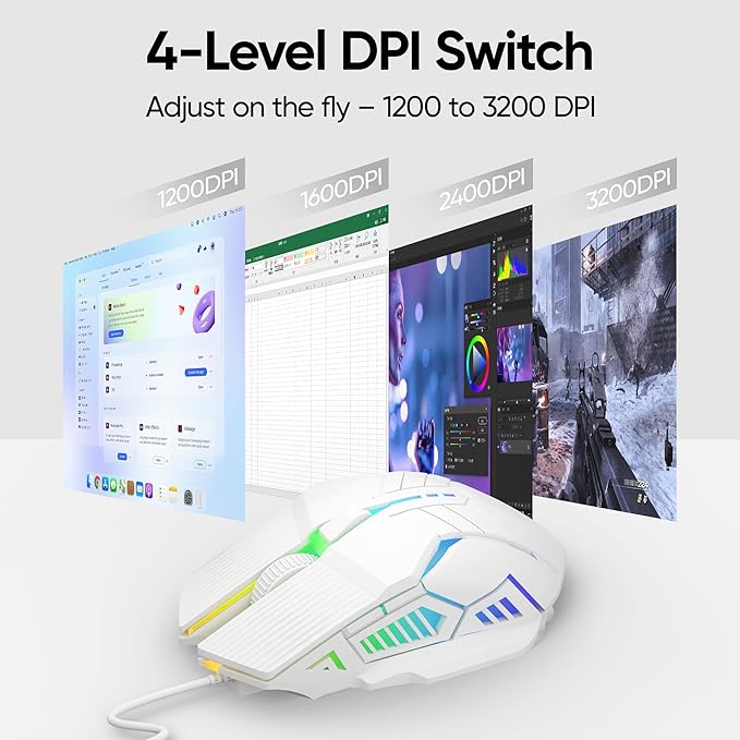MELOGAGA Wired Gaming Mouse - Lightweight USB Optical Computer Mice with 7-Color RGB LED Lights, 4 Adjustable DPI (1200-3200), 6 Buttons, Ergonomic Design for Windows 7/8/10/XP/Vista & Linux (White)