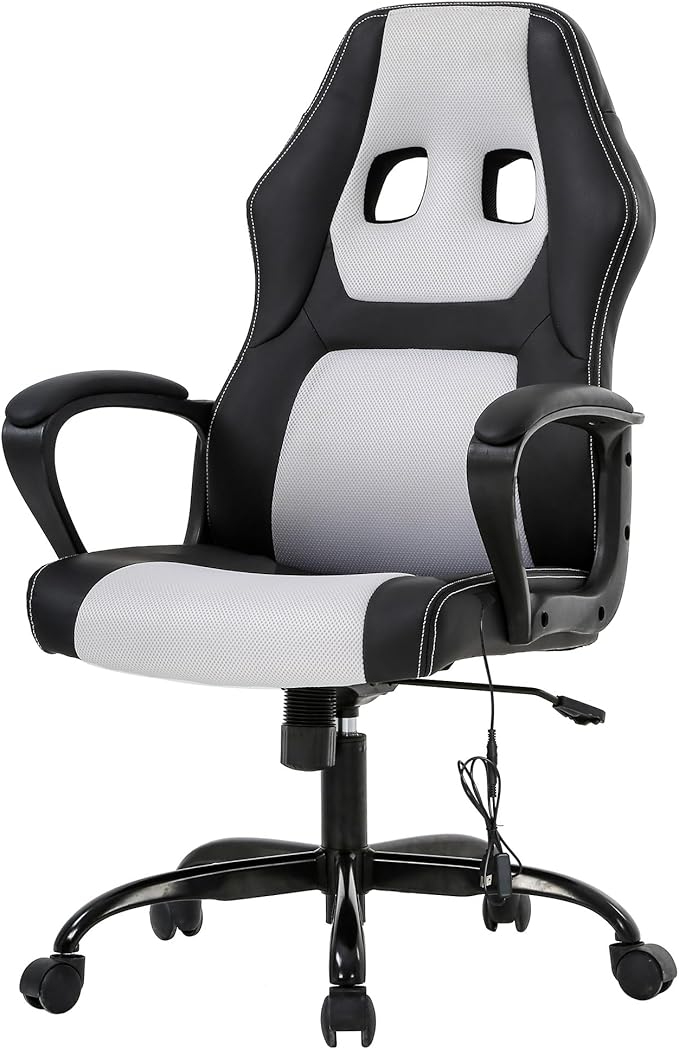 PayLessHere Gaming Chair Office Chair with Support Adjustable Ergonomic Pu Leather Racing Lumbar Massage Headrest Armrest Task 360° Swivel Computer Chair for Women Men Adults，White