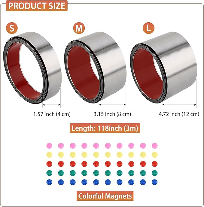 QDYMXUN Self Adhesive Backing Metal Strip for Magnets, Flexible Ferrous Memo Tapes Roll for Bulletin Boards in Studio, Office, School (Glossy Silver, 118''L x 3.15''W)