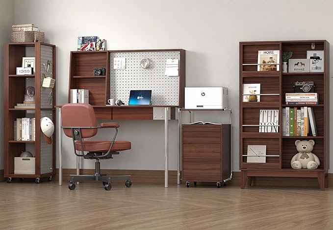 Home Office Furniture Set 4, 47 Inch Writing Desk with Hutch and Bookshelf, 3 Drawer File Cabinet with Printer Stand, Wide Bookshelf with Door, 5-Tier Rotating Bookshelf Tower with Display Shelf
