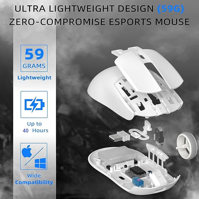 A.JAZZ AJ139 G Pro Wireless Gaming Mouse Ultra-lightweight 59g with Dual Mode-Type C Wired/2.4Ghz USB Receiver up to 26000DPI 6 Programmable Button Ergonomic Symmetric for PS4 XBox PC Mac Gamer(White)