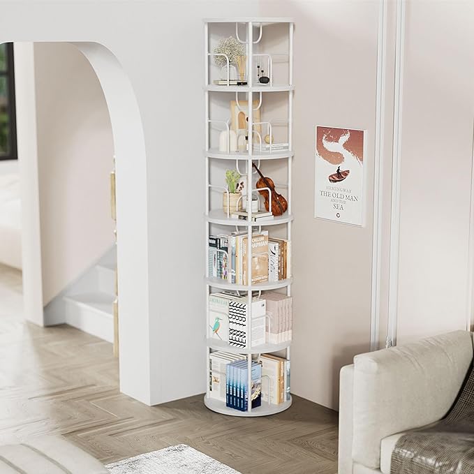 ALLSTAND 6 Tier Rotating Bookshelf, 360 ° Display Stackable Spinning Bookshelf Tower, Corner Bookshelf Tall Floor Standing Swivel Bookcase Narrow Storage Organizer for Bedroom, Living Room, White