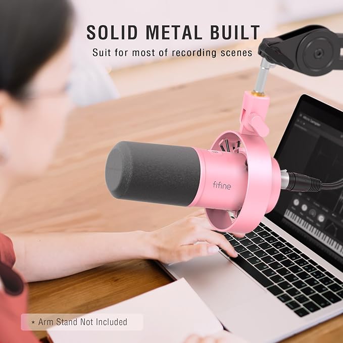 FIFINE Pink Podcast Microphone and RGB Mic Arm Bundle, XLR/USB Studio Dynamic Mic with Mute Button & Gain, RGB Adjustable Scissor Mic Stand with 3/8"-5/8" Adapter for Streaming, Gaming-K688P+BM38P