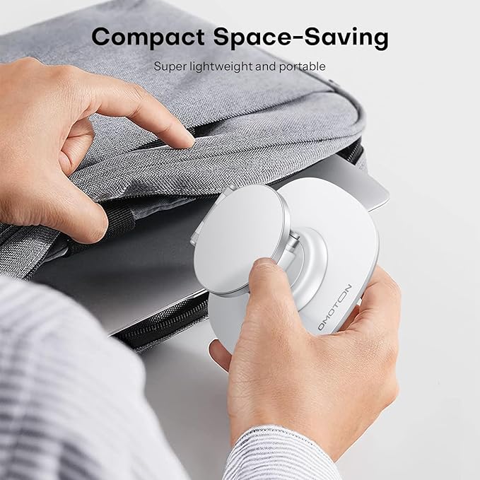 OMOTON 360°Rotating Magnetic Phone Stand for Desk, Adjustable Foldable Aluminum for MagSafe Cell Phone Stand Holder with Non-Slip Base, for iPhone 17/16/15/14 Pro Max Air/MagSafe Case, White