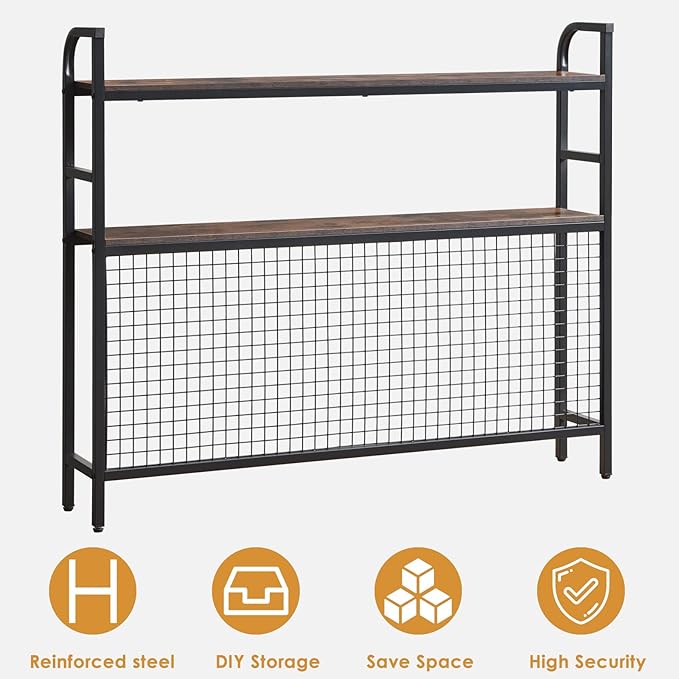Desktop Hutch Shelf Organizer, 2-Tier Metal & MDF Desk Bookshelf with Grid Panel and Hooks for Office & Dorm (Rustic Brown, 45.3")