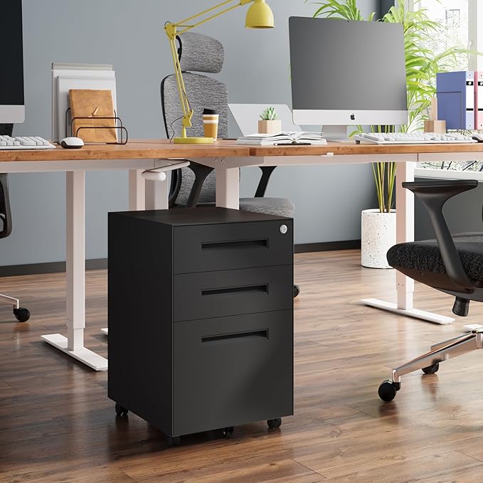 Dripex 3 Drawer Black File Cabinet, Mobile Under Desk Storage File Cabinet with Lock on Wheels, Fully Assembled, Letter/Legal Size, Small Short Vertical Metal Rolling Filing Cabinets for Home Office