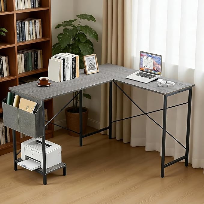 L Shaped Desk, 50 Inch Reversible Computer Desk Corner Gaming Table with CPU Stand & Storage Bag, Sturdy Metal Frame PC Workstation for Home Office, Light Gray Wood