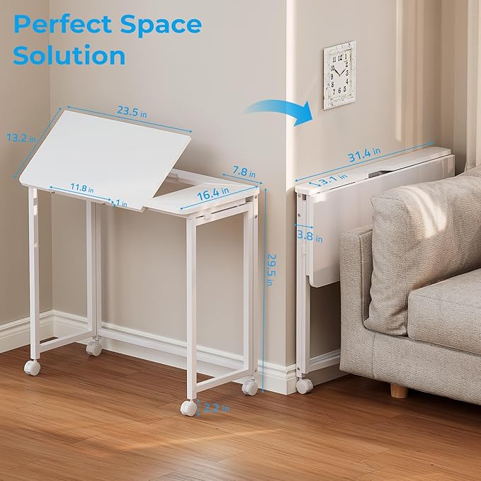 GreenForest Folding Desk with Wheels, 31.5 Inch Adjustable Tilt Drafting Table, Portable Rolling Foldable Desk for Small Space, Home Office, Drawing & Craft Workstation, White