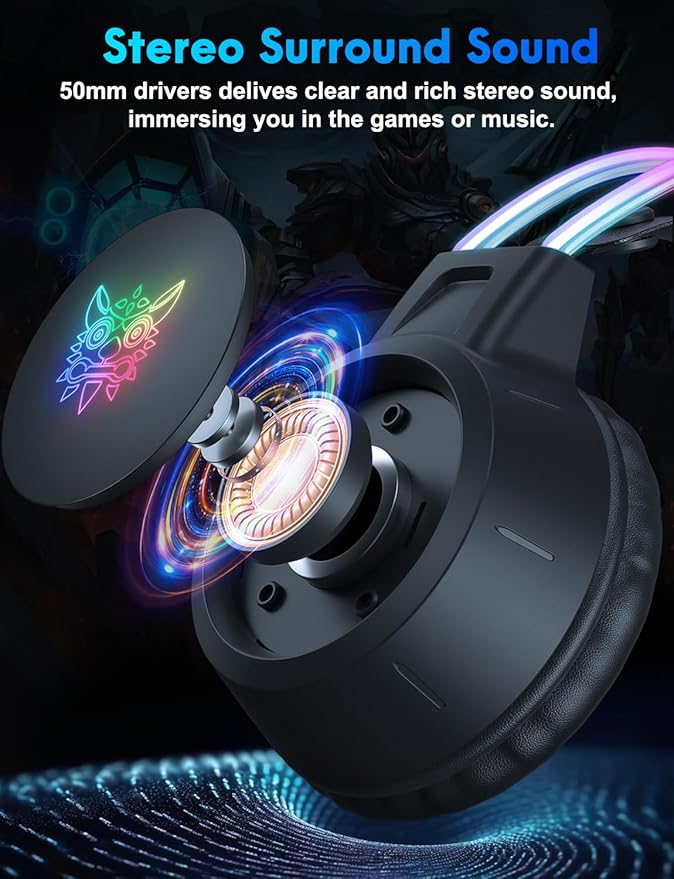 Lightweight Gaming Headset with Detachable Cat Ears, RGB Lighting, Wired Over Ear Headphones with Mic for PC, PS4, PS5, Switch, Stereo Surround Sound, Self-Adjusting Headband