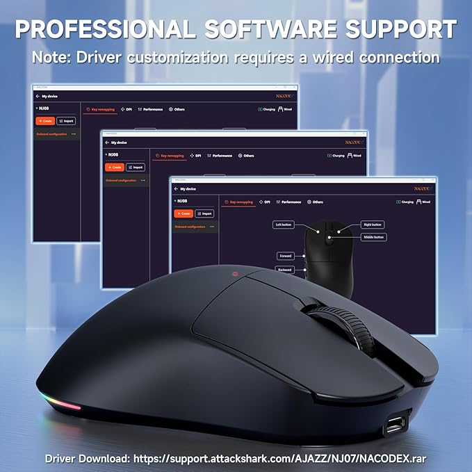 AJAZZ NJ08 Wireless Gaming Mouse 70g Lightweight, 12800 DPI, RGB Strip, 3-Mode Connection 2.4GHz/BT/Wired, 1000Hz Polling Rate, Ergonomic Right-Handed Design for PC, Mac, Windows, Laptop(Black)