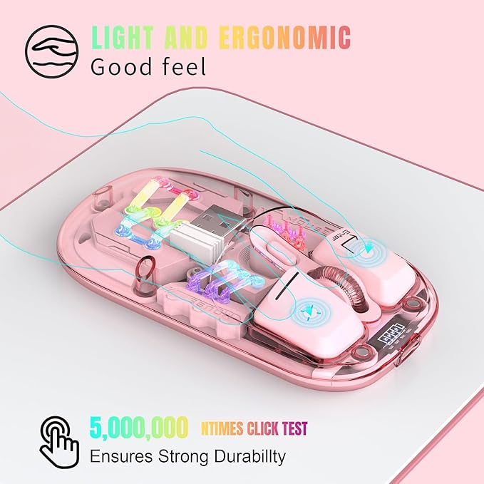 Wireless Bluetooth Mouse, Transparent BT + 2.4G Dual-Mode Mechanical Mouse with Magnetic Top Cover, Rechargeable RGB Backlit Gaming Mouse for Gaming/Esports/Desktop/Laptops/Tablets (Pink)