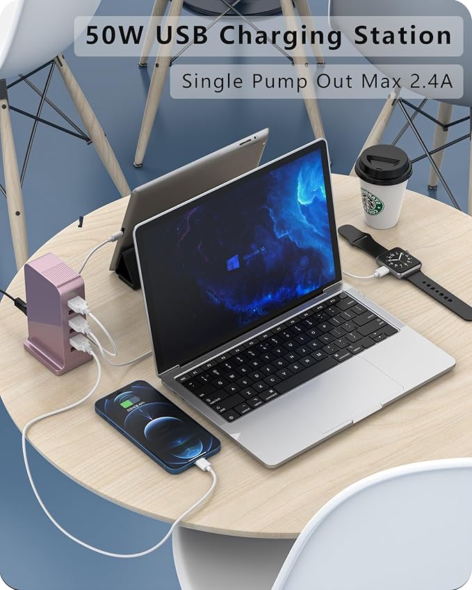 Charging Station for Multiple Devices,VPSUN 50W USB Charger Tower,Multi 6 Port USB Charging Hub Compatible with iPhone 15/14/14 Pro/14 Pro Max/Android/Samsung/Tablet,etc(Pink, 50W)