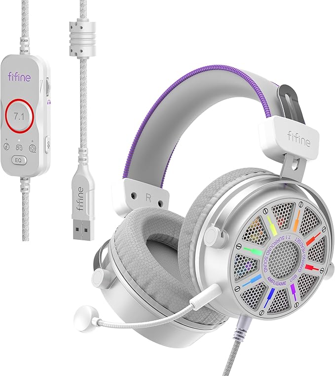 FIFINE Open Back Gaming Headset with 7.1 Surround Sound, Flowing RGB, USB Control Box, Soft Ear Pads, Wired Headset with Noise canceling Mic for PC, PS5, PS4, Laptop, Mac - H19WP