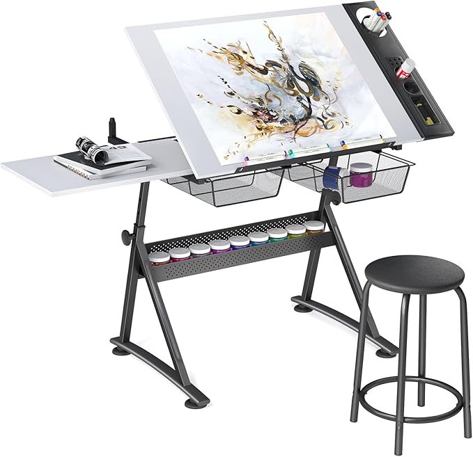 OS MOTOR Adjustable Height Drafting Table with Wood Top, Art Craft Desk with Slide-Out Drawers, Storage, for Drawing, Writing, Painting, and Creative Tasks, Ideal for Home Office, White