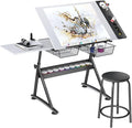 OS MOTOR Adjustable Height Drafting Table with Wood Top, Art Craft Desk with Slide-Out Drawers, Storage, for Drawing, Writing, Painting, and Creative Tasks, Ideal for Home Office, White