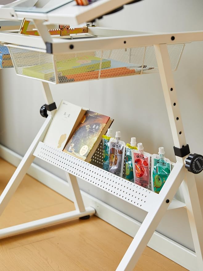 CuisinSmart Drafting Table w/Stool Height Adjustable Multifunctional Art Craft Diamond Paintings Work Station w/2 Storage Drawers Artists Desk Tilting Glass Tabletop for Home Office White