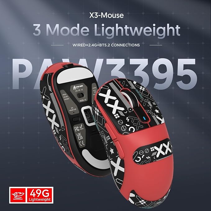 MAMBASNAKE Attack Shark X3 Wireless Gaming Mouse, 49g Ultralight, PixArt PAW3395 26000 DPI, Bluetooth/2.4Ghz /Wired Tri-Mode, 200Hrs Rechargeable Battery, Kailh GM8.0 Switch for PC/MAC/Win - Red&Tape
