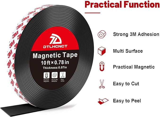 DTLHCNCT Magnetic Tape - 10 ft x 0.78 inch Magnet Strip Tape Roll with Strong Adhesive Backing Magnetic Strip for Kitchen, Office, School Organization, Whiteboards,Fridge(0.07" Thick)