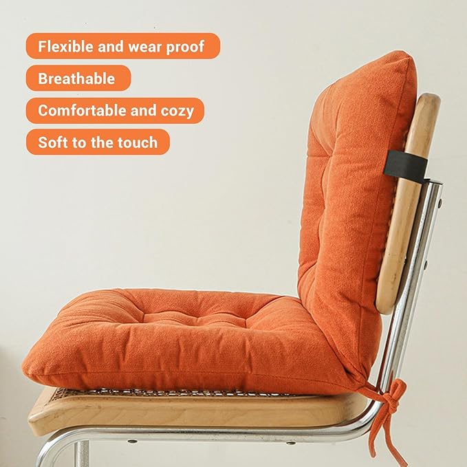 Seat Cushion with Back Support, 31.5 Inch Chenille and PP Cotton Integrated Chair Pad with Fixed Strap for Office Desk and Dining Chairs (Orange)
