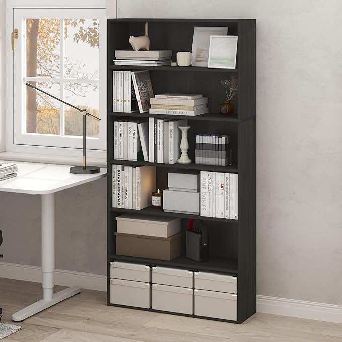 Furinno PASIR Book Shelf, 6-Tier Bookshelf with Open Storage Shelf, Standing Bookcase, 9.4 x 31.5 x 63, Easy Assembly, for Home Office, Bedroom, Living Room, Espresso