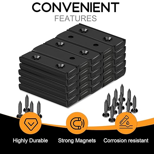 TRYMAG Strong Neodymium Magnet, 45Lbs Strong Bar Magnets with Countersunk Hole and Steel Capsule, 6 PCS Heavy Duty Bar Magnets Rare Earth Magnet with Screw for Wall Mounting-40 x 13.5 x 5mm