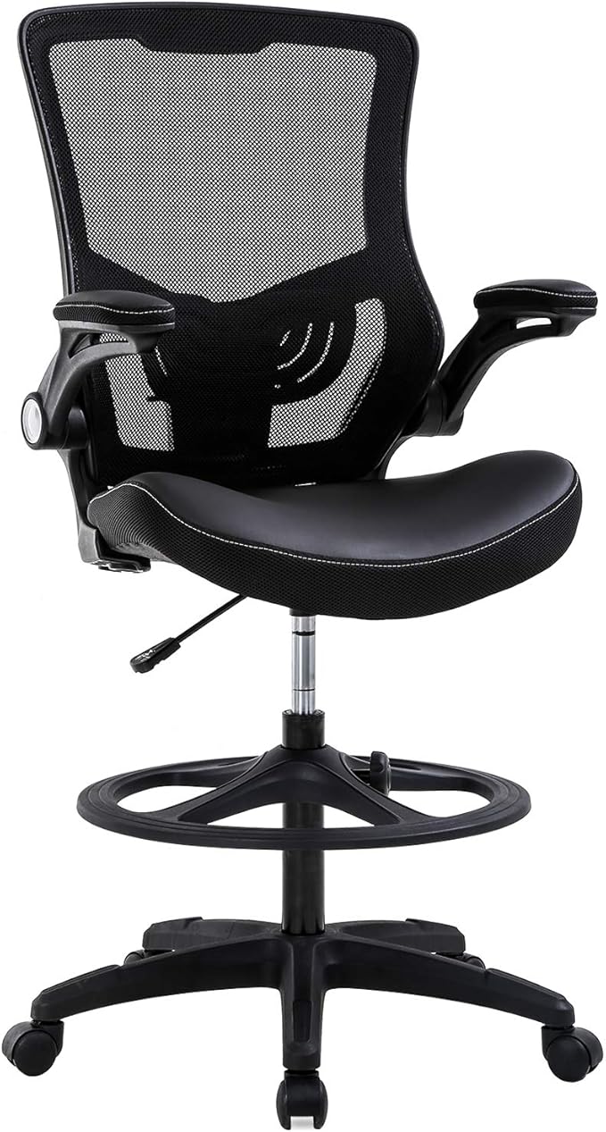 BestOffice Drafting Chair Ergonomic Tall Office Chair Standing Desk Chair with Flip Up Arms Foot Rest Back Support Adjustable Height Mesh Drafting Stool, Black