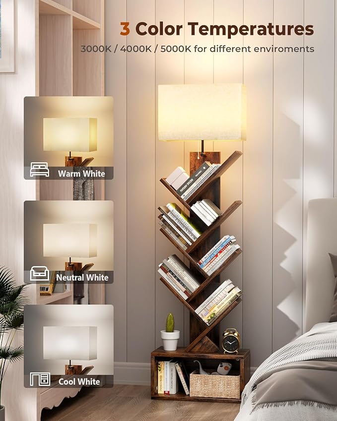 Evermagin 6 Tier Tree Bookshelf with Light, Narrow Bookcase Tower, Tall Floor Standing Book Organizer with Storage Cabinet for Living Room, Bedroom and Home Office, Rustic Brown