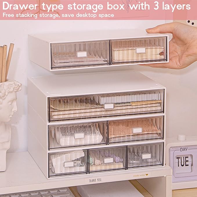 3 Tier Stackable Desk Organizer with 6 Drawers, YOCOMEY Plastic Desktop Storage Box Drawers, Detachable Makeup Storage Office Stationery Supplies Organizer for Office School(White)