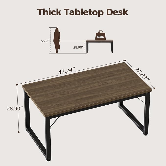 Mericonia 48 Inch Computer Desk, 1" Thick Heavy Duty Industrial Office Desk, Modern Simple Study Writing Table for Home Office Bedroom Workstation, Walnut