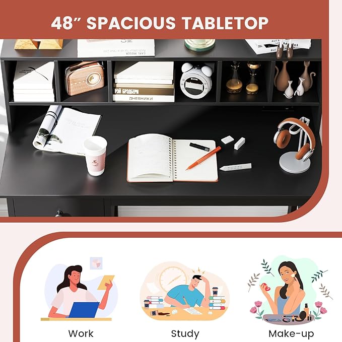Tangkula Black Desk with Drawers & Hutch, Modern Home Office Desk with Power Outlets, USB Ports & Type-C, Writing Study Desk with 5-Cubby Hutch, Computer Workstation Makeup Vanity Desk