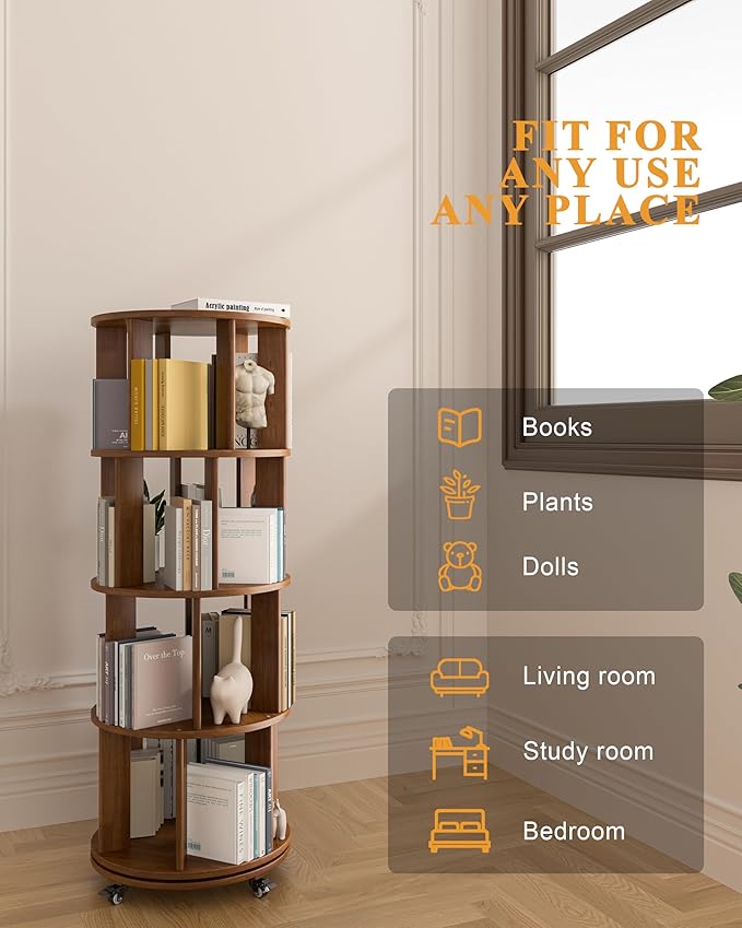 IUNVR Rotating Bookshelf, 4 Tier Solid Wood Bookshelf Tower with Lockable Wheels, 360° Spinning Revolving Bookcase for Small Spaces, Corners, Bedroom, Kids Room, Home Office, Walnut