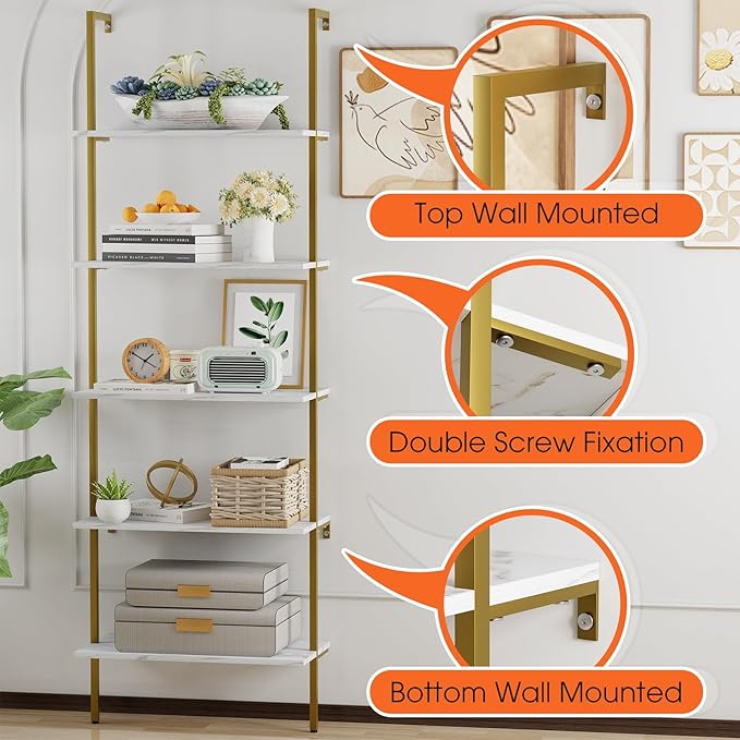 Wolawu 5 Tiers Ladder 2-Piece Shelf White Marble Modern Bookshelf Open Tall Wall Mount Bookcase Standing Leaning Wall Shelves Industrial Decorative