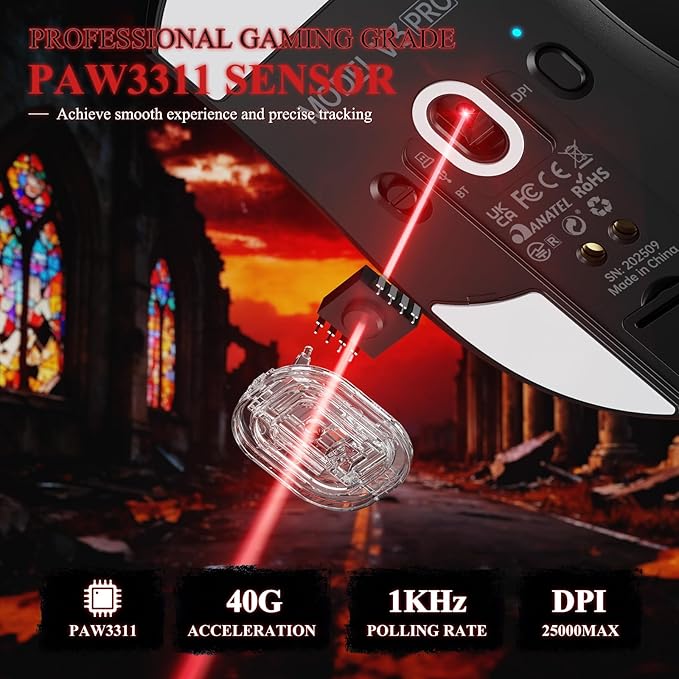 MAMBASNAKE Attack Shark V3 PRO 62g Superlight Wireless Gaming Mouse,RGB Magnetic Charging Dock,BK52820 Tri-Mode BT/2.4G Wireless/Wired Mouse,25000DPI,500mAh,5 Programmable Buttons for Pc/Mac,Black