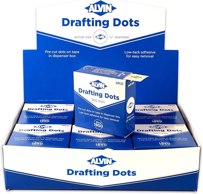 ALVIN Drafting Dots Model DM123D Display Pack, Low Tack Adhesive, Ideal for Drafting, Tracing, Drawing, and Household Use, Easy Removal with No Residue - 12 Rolls