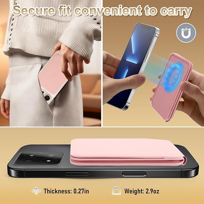 Magnetic Phone Stand, Compatible with All Smartphones 17/16/15/14/13/12 Series, Slim PU Leather Desk Stand with Angle Adjustment, Portable & Includes 1 Strong Magnetic Ring for Any Phone(Pink)