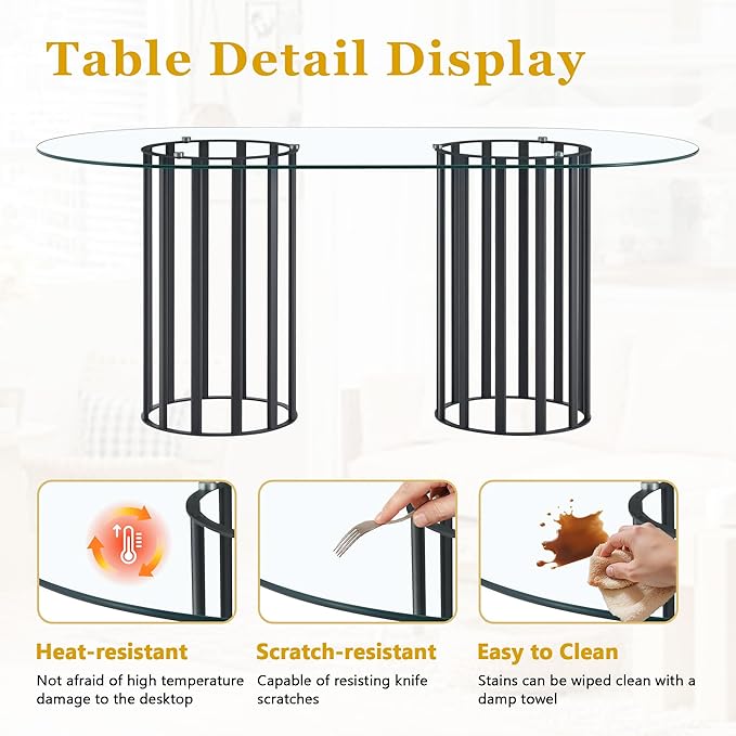 Table and chair set.71 inch oval tempered glass dining table,black double column light luxury style. Paired with 8 Transparent Plastic Chairs with Black Metal Legs. Accurate size, suitable for 8 peo