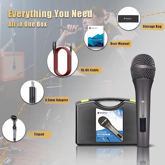 Professional Dynamic Microphone for Singing Karaoke Microphone with 16ft XLR to 1/4'' Audio Cable, Vocal Handheld Mic for Podcast Mixer Amplifier PA System