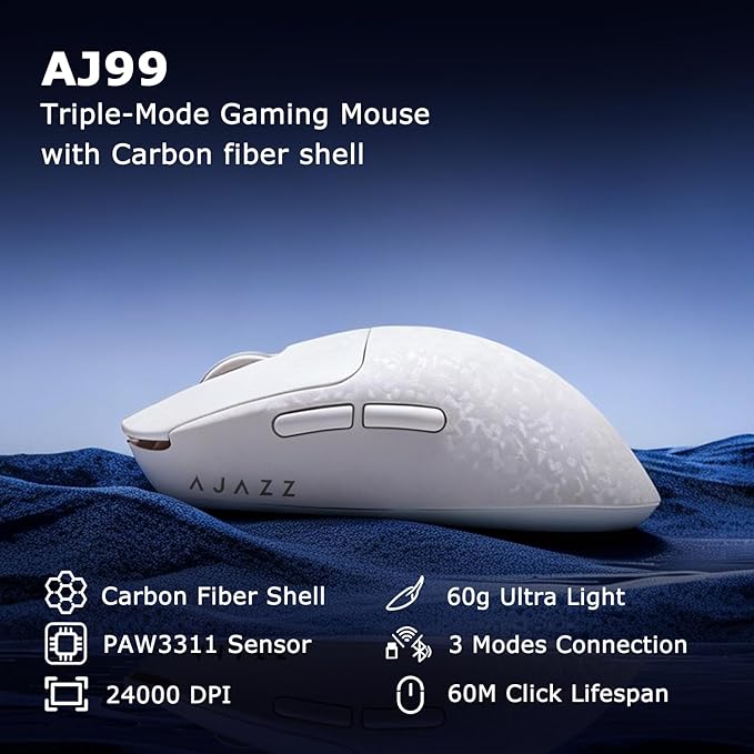 AJ199 Hybrid Wireless Gaming Mouse | Genuine Carbon Fiber Grip Shell | Tri-Mode 2.4G/Bluetooth/USB-C | 60g Balanced Lightweight | 24K DPI PAW3311 | 119mm Compact | PC/Mac/Travel | White