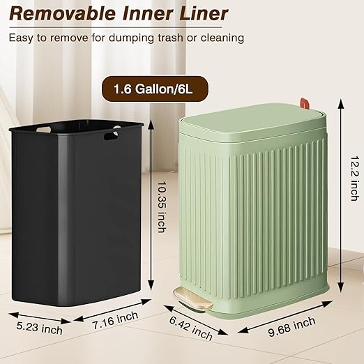 Slim Trash Can for Bathroom with Air Freshener Soft Close Lid, 6 Liter/ 1.6 Gallon Stainless Steel Garbage Can with Removable Inner Bucket,Step Pedal, Small Wastebasket for Bedroom, Kitchen (GREEN)