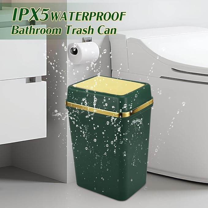 Bathroom Trash Can with Lid 4 Gallon Trash Can with Swing Lid Dark Green Small Garbage Can Bathroom Garbage Can with 300 Counts Trash Bags for Kitchen Bedroom Office
