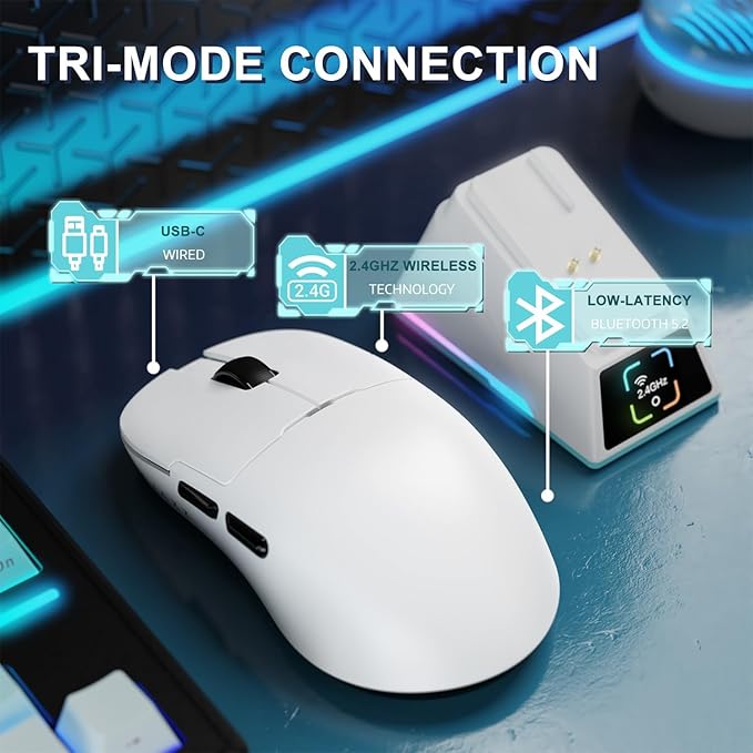 A.JAZZ AJ159APEX 8Khz Wireless Gaming Mouse Ultralight 56g with Magnetic Screen Charging Dock 42000DPI PAW3950 Sensor Tri Mode BT/2.4Ghz/Type-c Wired Programmable for Esport FPS PC Mac Gamer(White)
