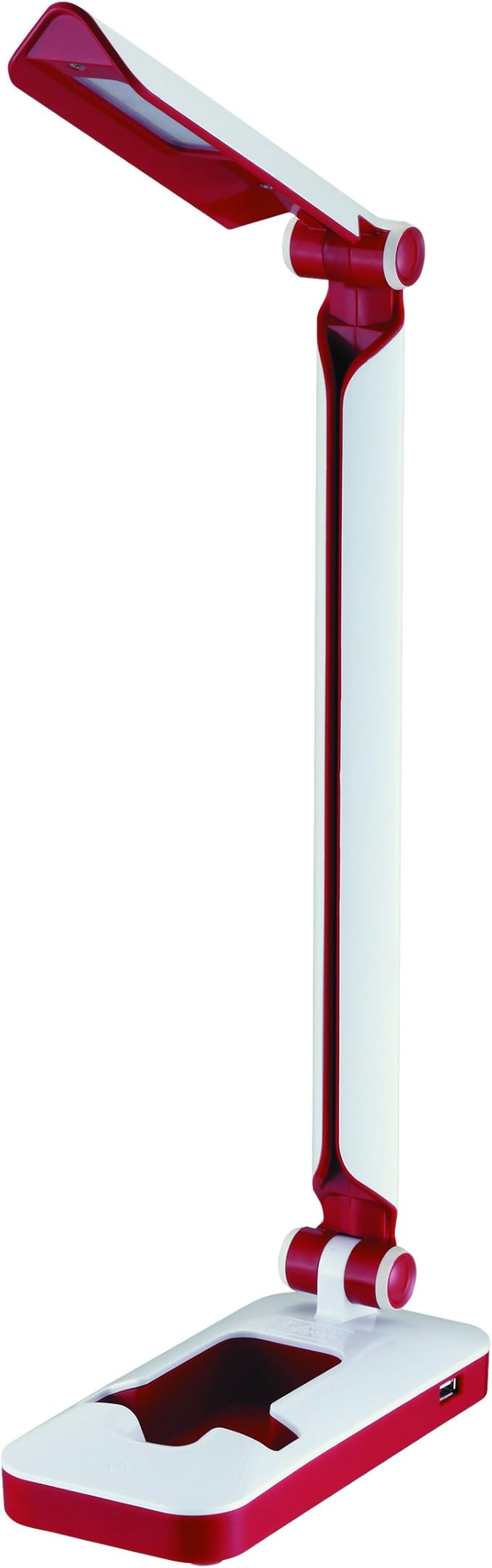 Black and Decker Office LED3FOLD-WHTRED PureOptics Verve 5W Flicker-Free Natural Daylight LED Desk Lamp with USB Charging Port, Phone Stand, 2 Dimming Levels (267 Lumens), 16" x 9" x 3.5" , White/Red