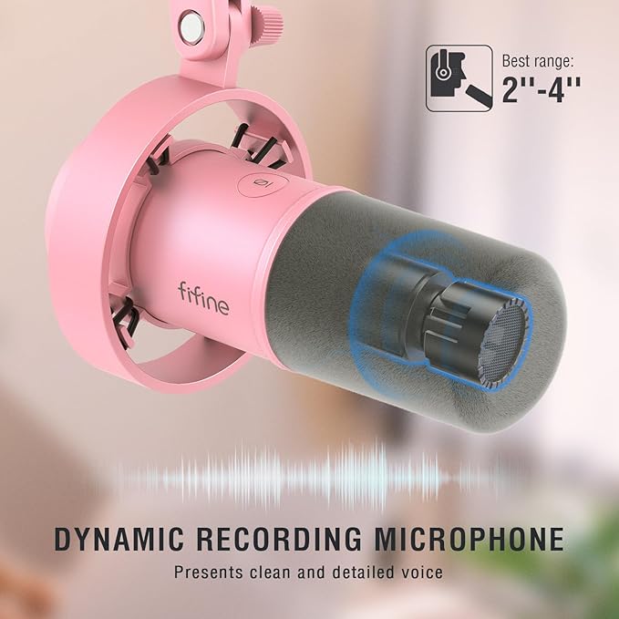 FIFINE Pink Podcast Microphone and RGB Mic Arm Bundle, XLR/USB Studio Dynamic Mic with Mute Button & Gain, RGB Adjustable Scissor Mic Stand with 3/8"-5/8" Adapter for Streaming, Gaming-K688P+BM38P