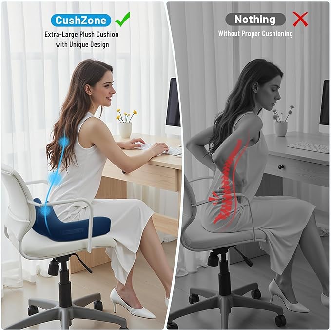 Cushzone Seat Cushion, Memory Foam Office Chair Cushions, Ergonomic Curved Design for Sciatica, Tailbone, Coccyx, Seat Support for Car, Desk Chair, Wheelchair, Enhances Long Sitting Comfort (Blue)