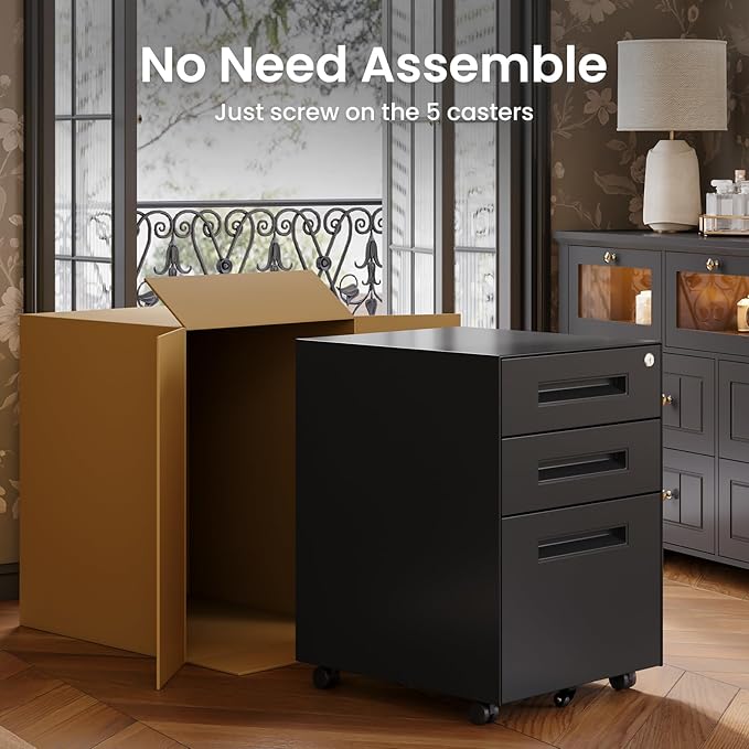 Dripex 3 Drawer Black File Cabinet, Mobile Under Desk Storage File Cabinet with Lock on Wheels, Fully Assembled, Letter/Legal Size, Small Short Vertical Metal Rolling Filing Cabinets for Home Office