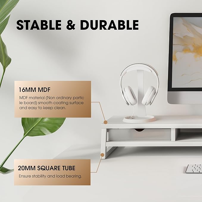Fenge Dual Monitor Riser with Drwrs, Monitor Stand for Desk, 42.5 Inch Large Computer Monitor Stand for 2 27 Inches Monitors, 2 Tier Wooden Desk Shelf