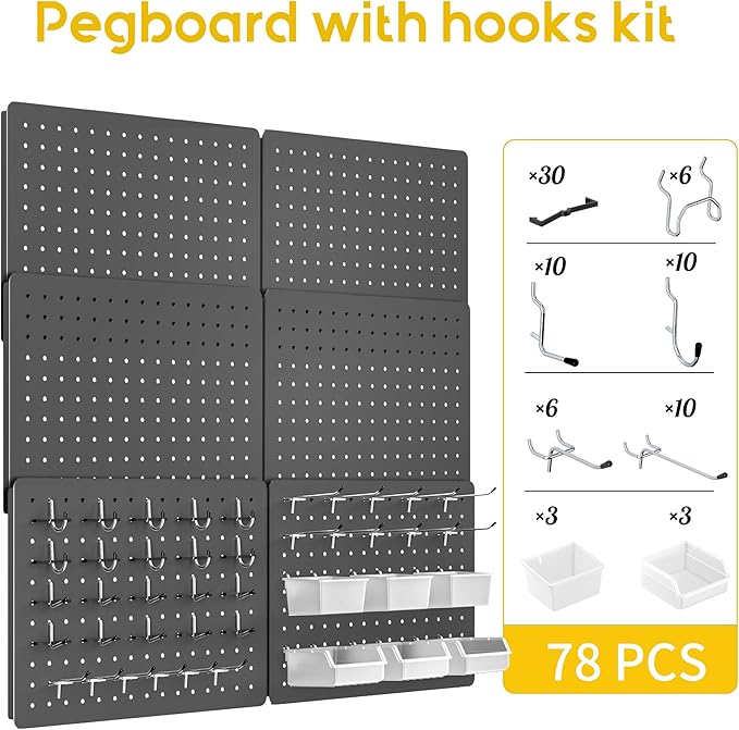 Peg Board for Tools, 6 Pack Metal Pegboard Wall Organizer with Hooks,16"×12" Gray Pegboard Panels for Walls Home, Garage Tool Storage, Kitchen, Office Organization, Craft Room