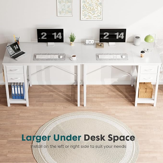 Sweetcrispy 47 Inch Computer Desk with Drawers, Home Office Gaming Desk with X-Shaped Reinforcement, Modern Wood Study Work Table with Side Hook, White