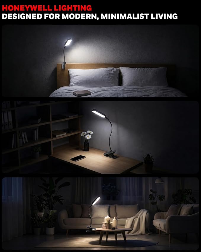 Honeywell Clip On Desk Lamp, Rechargeable Reading Light with Touch Control, Stepless Dimming, Portable Lamp for Desk, Bedside, Study